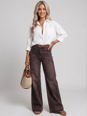 Brown High-Waisted Front Patch Pocket Denim Wide Leg Jeans